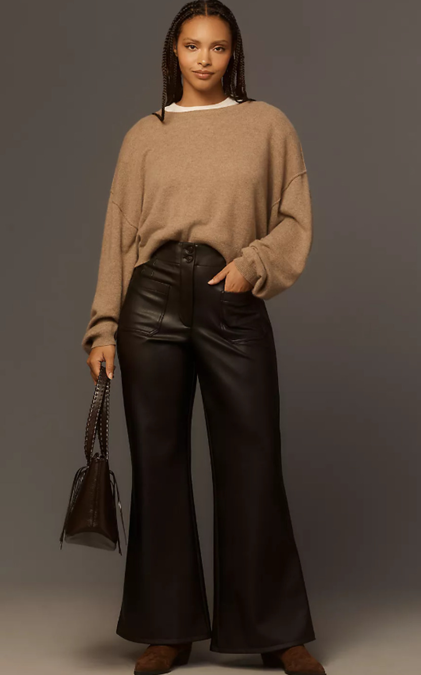 NWT Anthropologie Maeve Faux Leather Black High-Rise Flare Pants - 16W